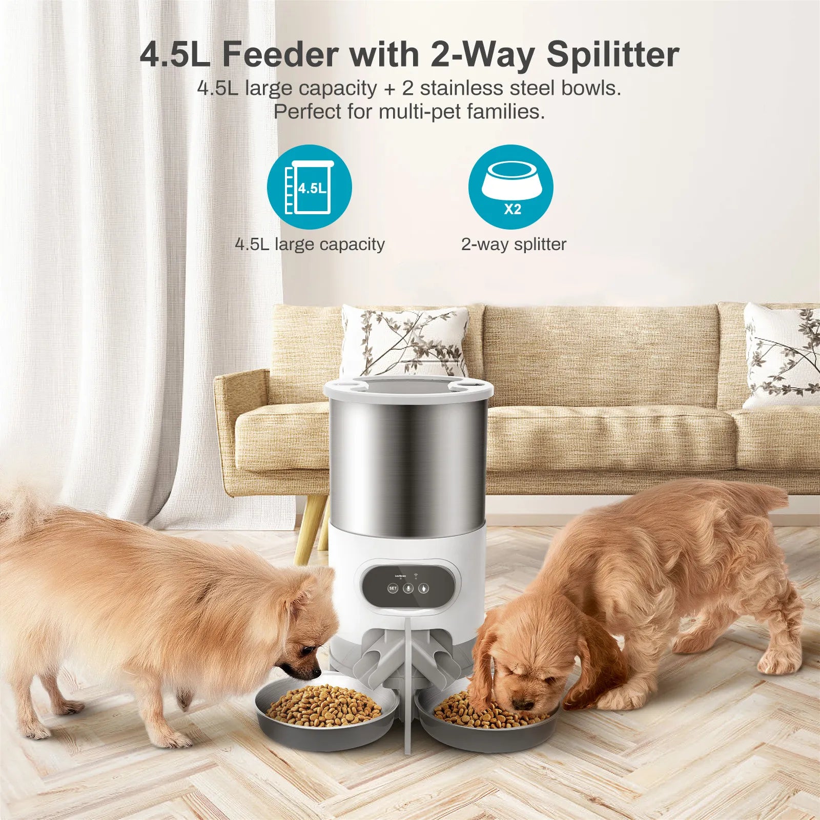 45L Automatic Dog Feeder with App Control, Voice Recording & Dual Bowls – Timed Meals