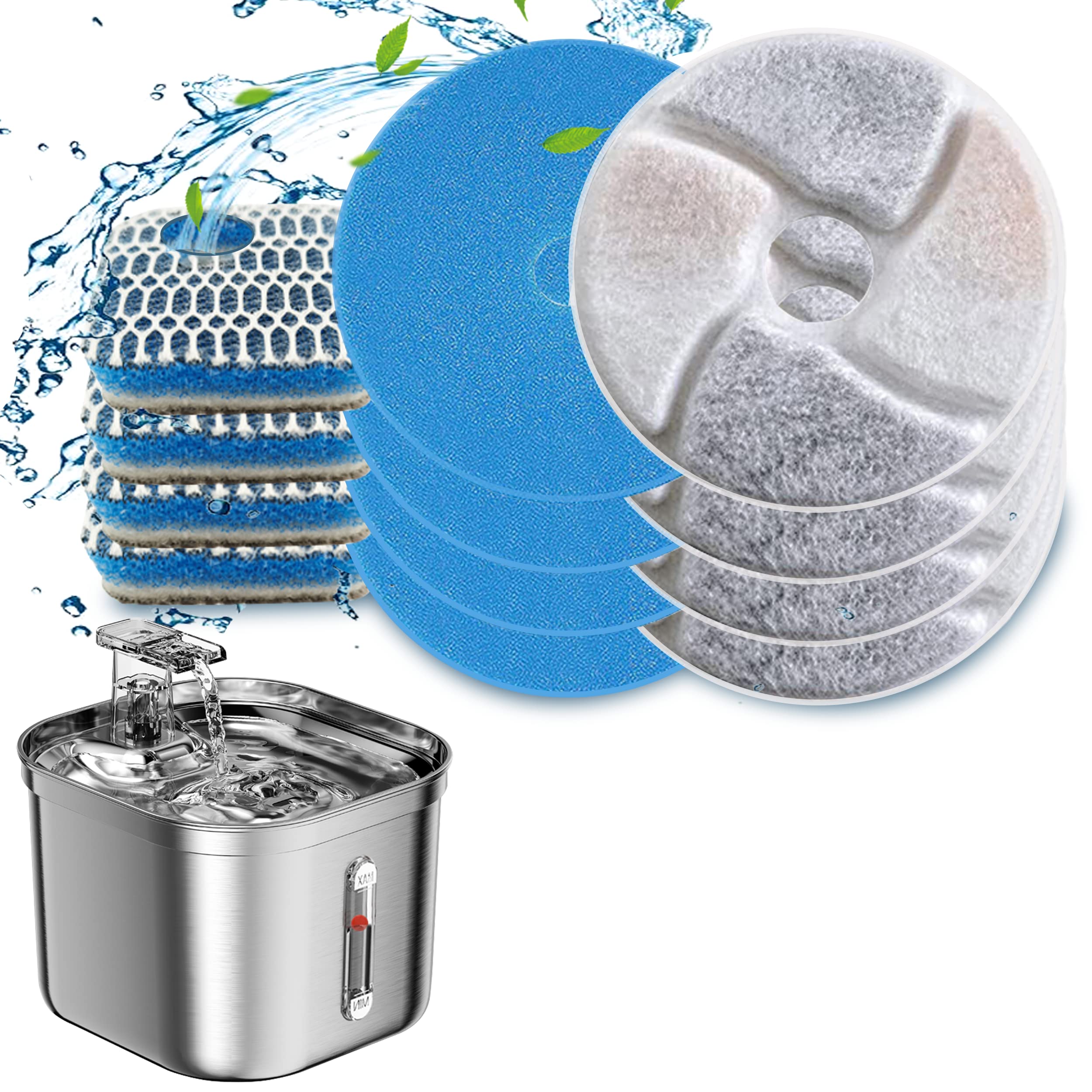 Stainless Steel Cat Water Fountain Filters 4 Pack Cat Fountain Filter Replacement 3 Triple Filtration System Activated Carbon Filters for 2.2L/73oz Automatic Pet Water Fountain Filter